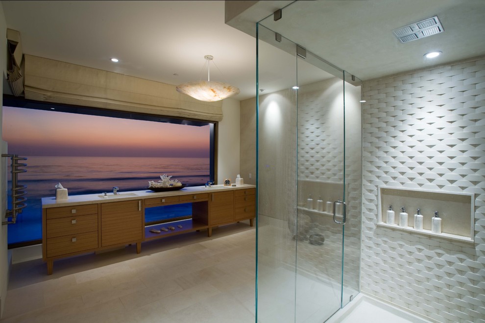 Bathroom - contemporary bathroom idea in Orange County with medium tone wood cabinets