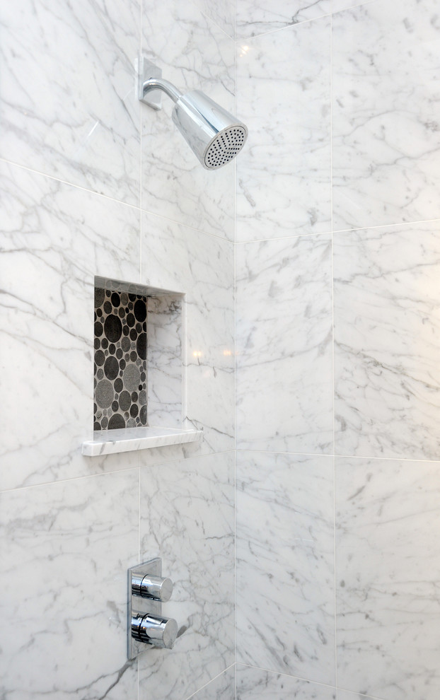 This is an example of a medium sized contemporary shower room bathroom in Philadelphia with a wall-mounted sink, marble worktops, an alcove shower, a one-piece toilet, blue tiles, stone tiles, blue walls and mosaic tile flooring.