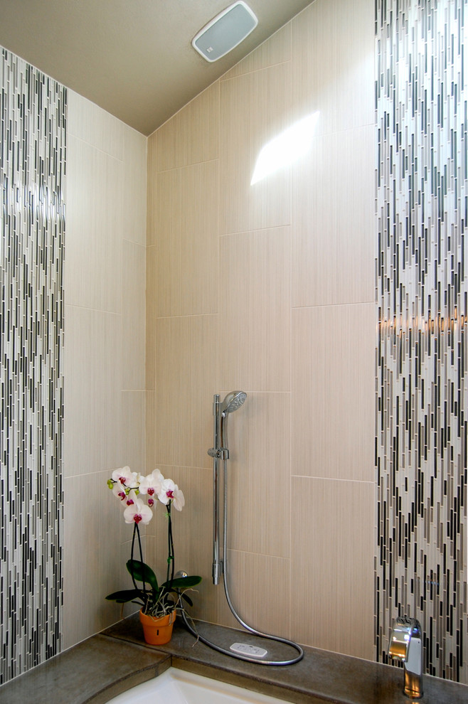 Inspiration for a contemporary bathroom remodel in Other with an undermount tub