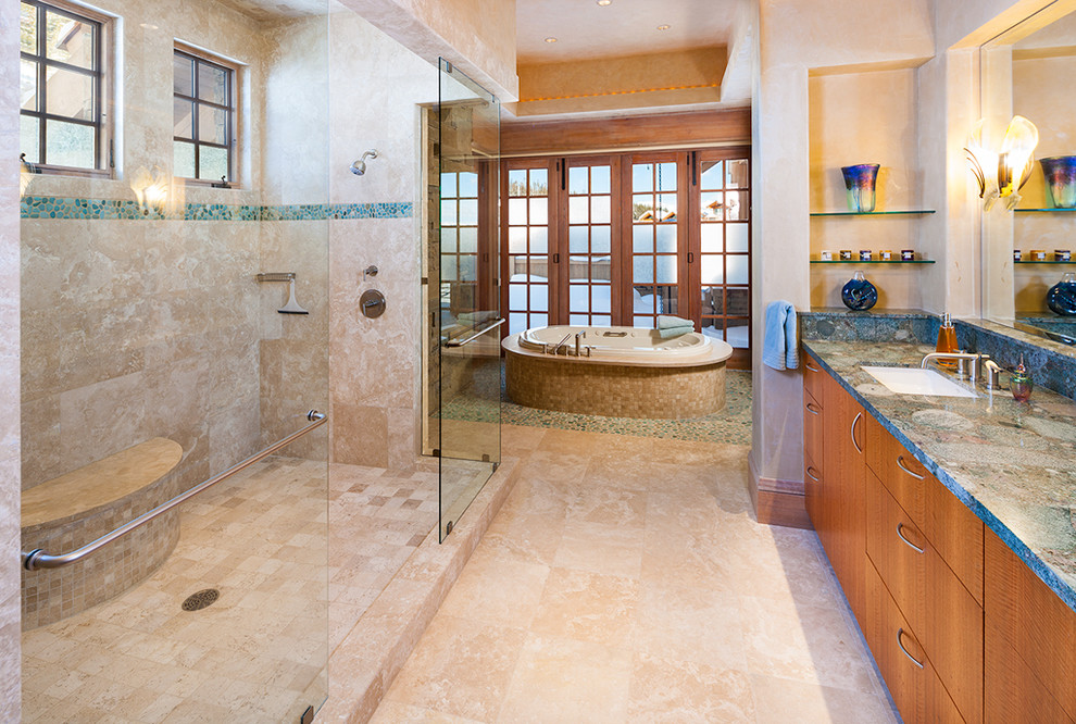 Idée de décoration pour une salle de bain design avec un lavabo encastré, une douche double et une baignoire posée.