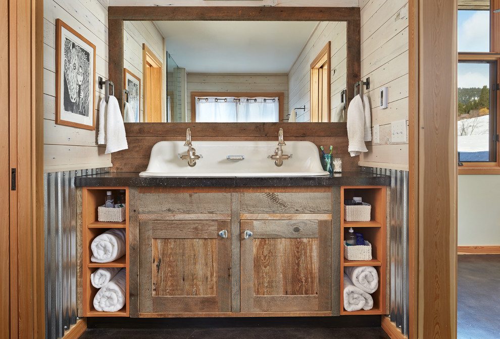 Inspiration for a rustic bathroom in Seattle with a trough sink.