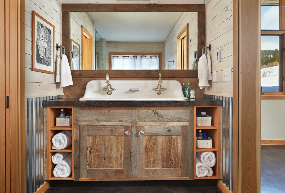 Inspiration for a rustic bathroom remodel in Seattle with a trough sink