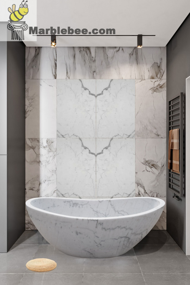 Идея дизайна: главная ванная комната среднего размера в современном стиле с отдельно стоящей ванной, белыми стенами, мраморным полом и напольной тумбой