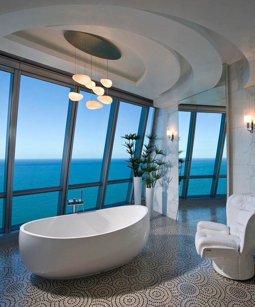 Freestanding bathtub - contemporary mosaic tile freestanding bathtub idea in Miami