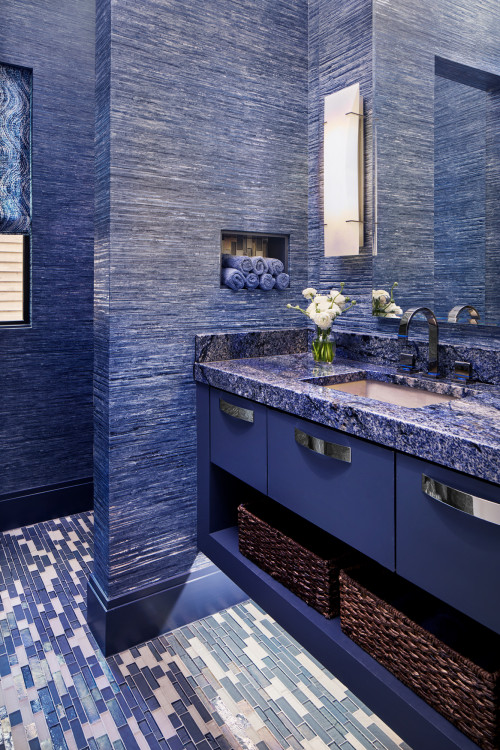 All About Blue: Blue Bathroom Ideas with a Stone Countertop and Wicker Baskets