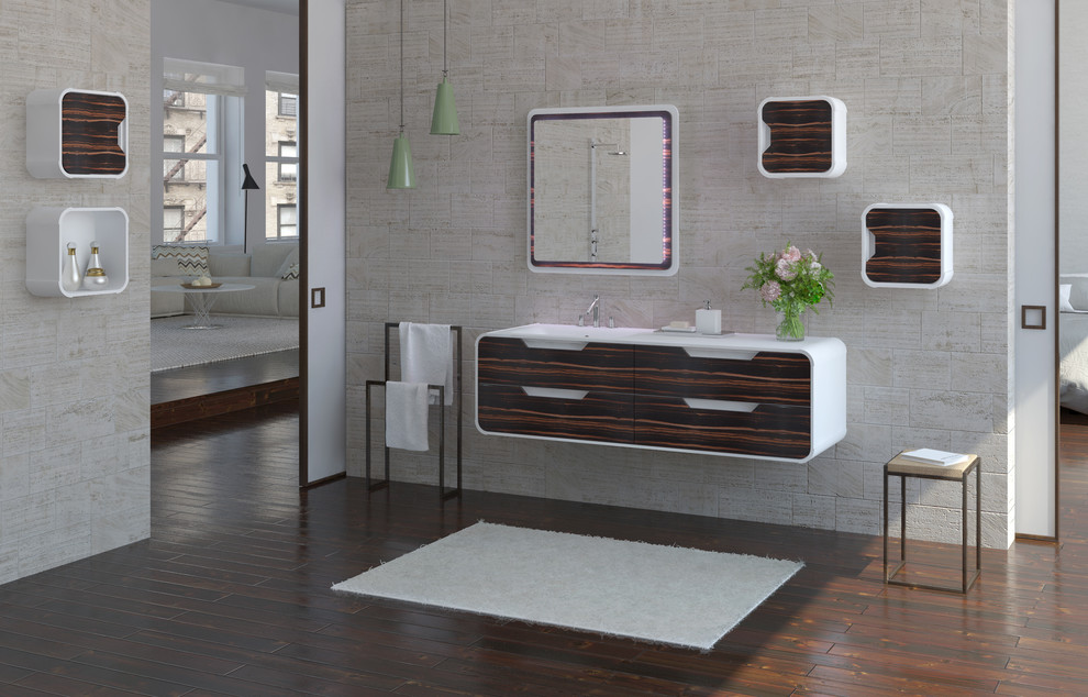 Idéer för ett stort modernt en-suite badrum, med ett integrerad handfat, släta luckor, vita skåp och bänkskiva i akrylsten
