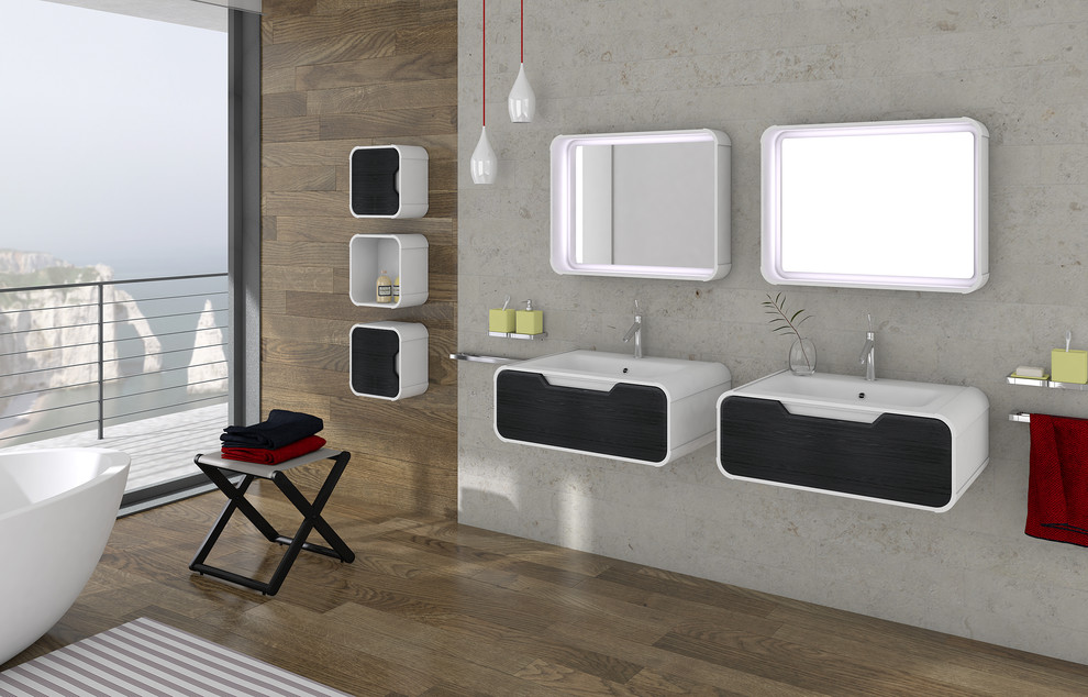 Inspiration for a large contemporary ensuite bathroom in Miami with an integrated sink, flat-panel cabinets and solid surface worktops.