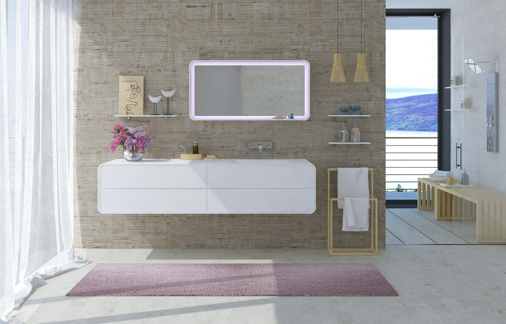 Inspiration for a large contemporary ensuite bathroom in Miami with an integrated sink, flat-panel cabinets, white cabinets and solid surface worktops.