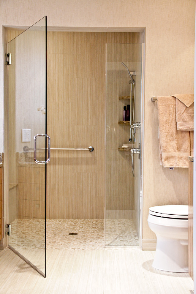 This is an example of a medium sized contemporary bathroom in Other with a submerged sink, flat-panel cabinets, medium wood cabinets, engineered stone worktops, a built-in shower, a two-piece toilet, beige tiles, porcelain tiles, beige walls and porcelain flooring.