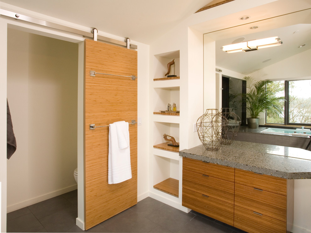 Imagen de cuarto de baño rectangular y con puerta corredera actual con armarios con paneles lisos y puertas de armario de madera oscura