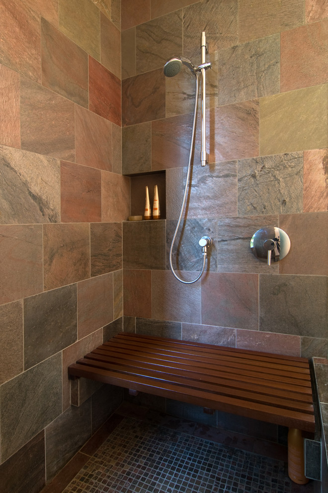 Mid-sized trendy stone tile doorless shower photo in San Francisco with an undermount sink and a one-piece toilet