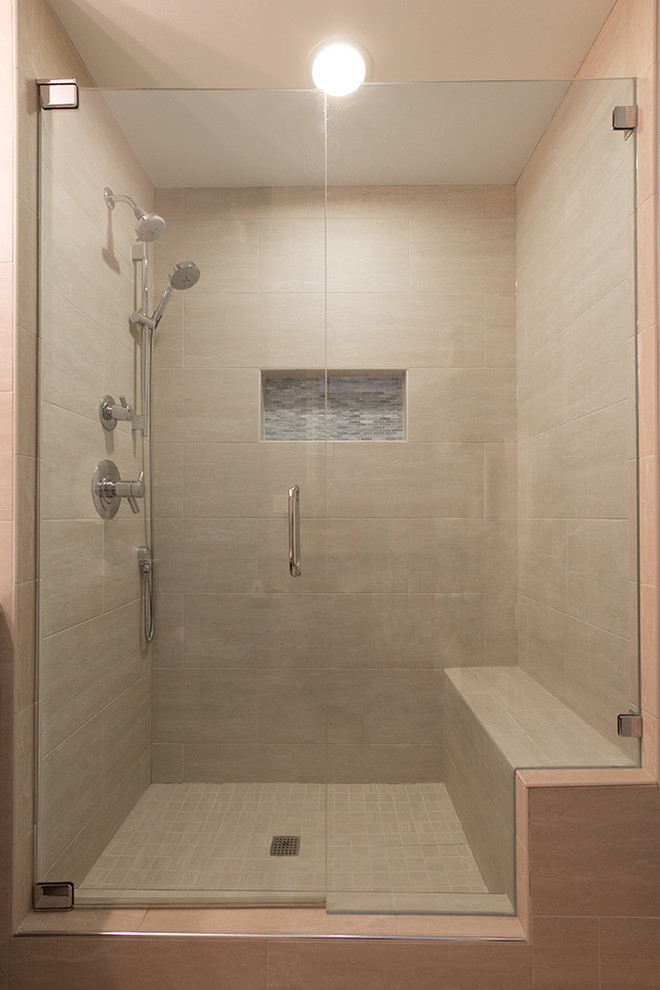 Inspiration for a mid-sized contemporary 3/4 beige tile, gray tile and mosaic tile vinyl floor alcove shower remodel in Chicago with an undermount sink, flat-panel cabinets, medium tone wood cabinets, quartz countertops, beige walls and a two-piece toilet