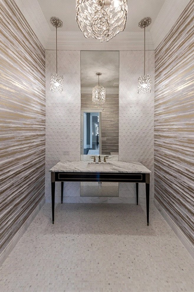 Свежая идея для дизайна: большая главная ванная комната в современном стиле с черными фасадами, белой плиткой, мраморной плиткой, разноцветными стенами, мраморной столешницей, серой столешницей и белым полом - отличное фото интерьера