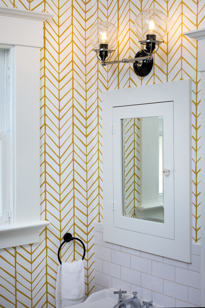 Photo of a small contemporary shower room bathroom in San Francisco with white tiles, ceramic tiles, yellow walls and a pedestal sink.