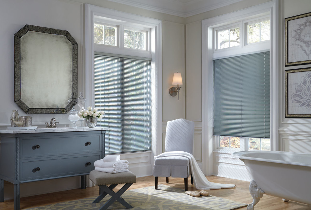 Contemporary Blue Bathroom Custom Window Aluminum Blinds by Hunter