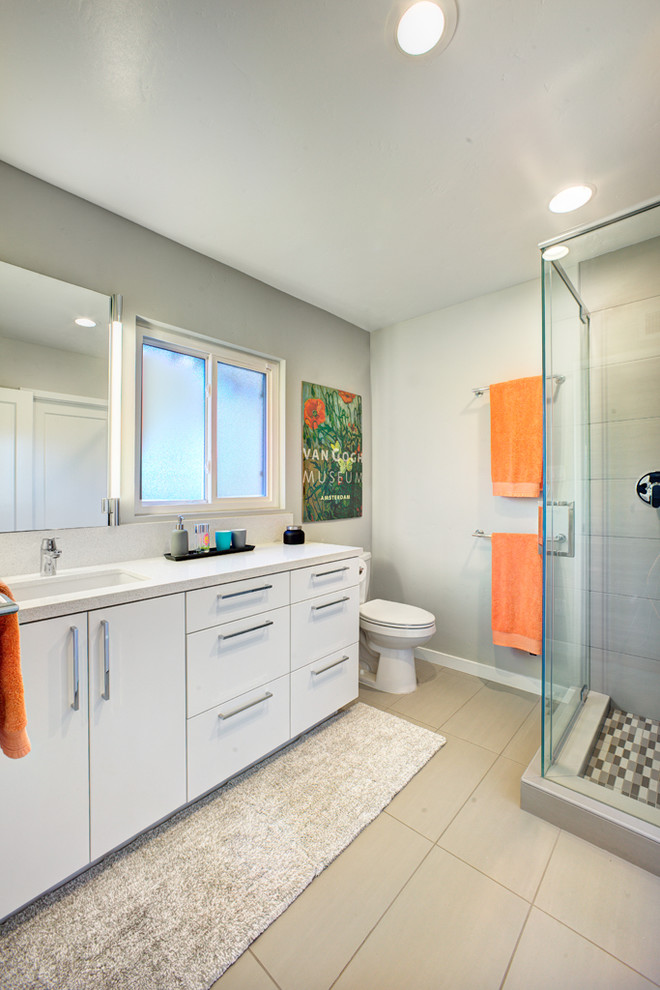 Modernes Duschbad mit flächenbündigen Schrankfronten in Sacramento