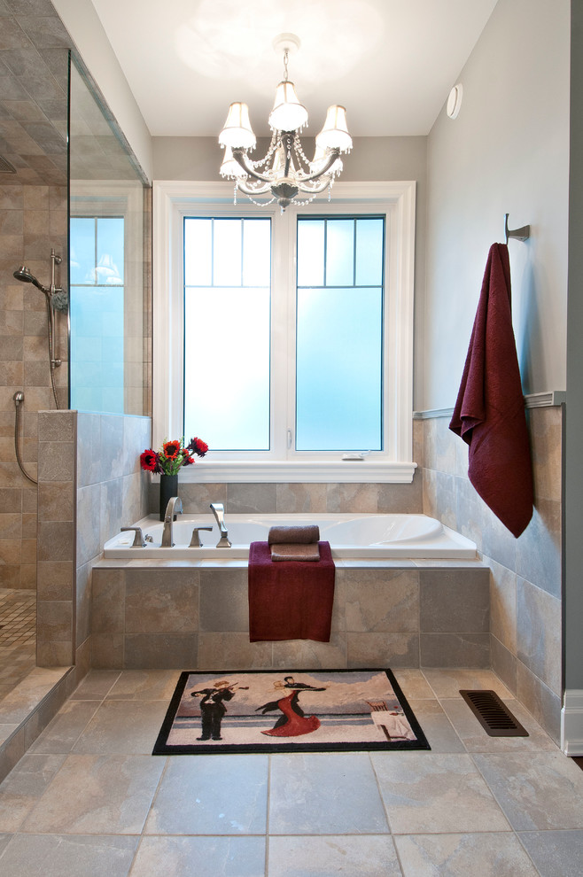 Arts and crafts master gray tile and stone tile slate floor bathroom photo in Toronto with gray walls