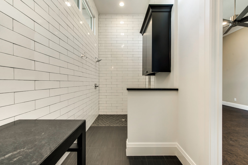 Example of a mid-sized trendy 3/4 white tile and subway tile porcelain tile double shower design in Dallas with furniture-like cabinets, a two-piece toilet, white walls, an undermount sink and quartz countertops
