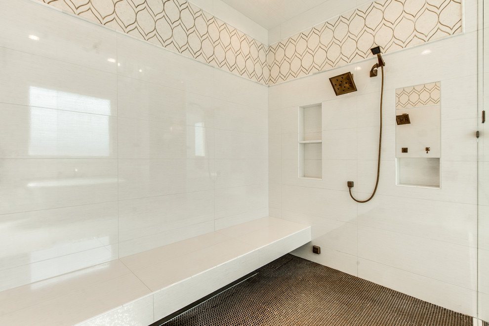 Photo of a large contemporary ensuite bathroom in Dallas with shaker cabinets, white cabinets, a freestanding bath, a double shower, a two-piece toilet, white tiles, metro tiles, white walls, porcelain flooring, a submerged sink and engineered stone worktops.