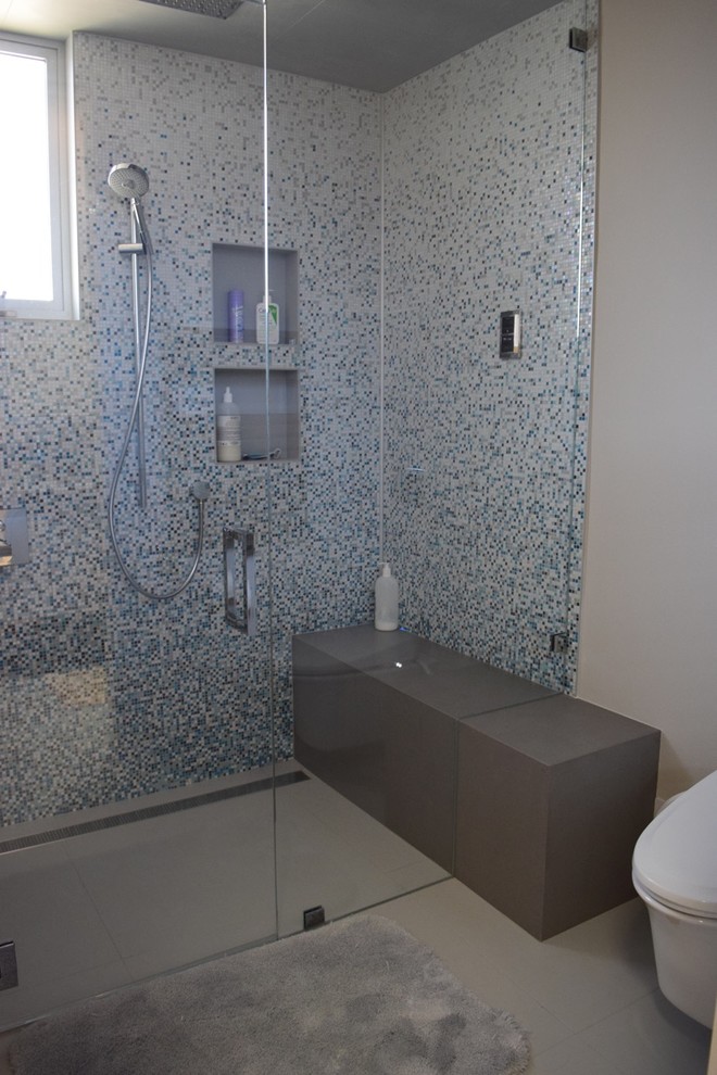 Esempio di una grande stanza da bagno padronale contemporanea con doccia a filo pavimento, WC monopezzo e pareti bianche
