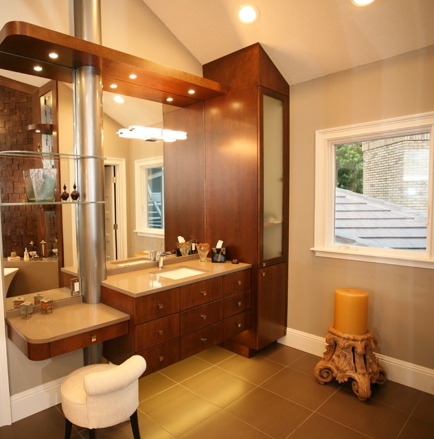 Contemporary Floating Cherry Vanity with Linen Tower Contemporary