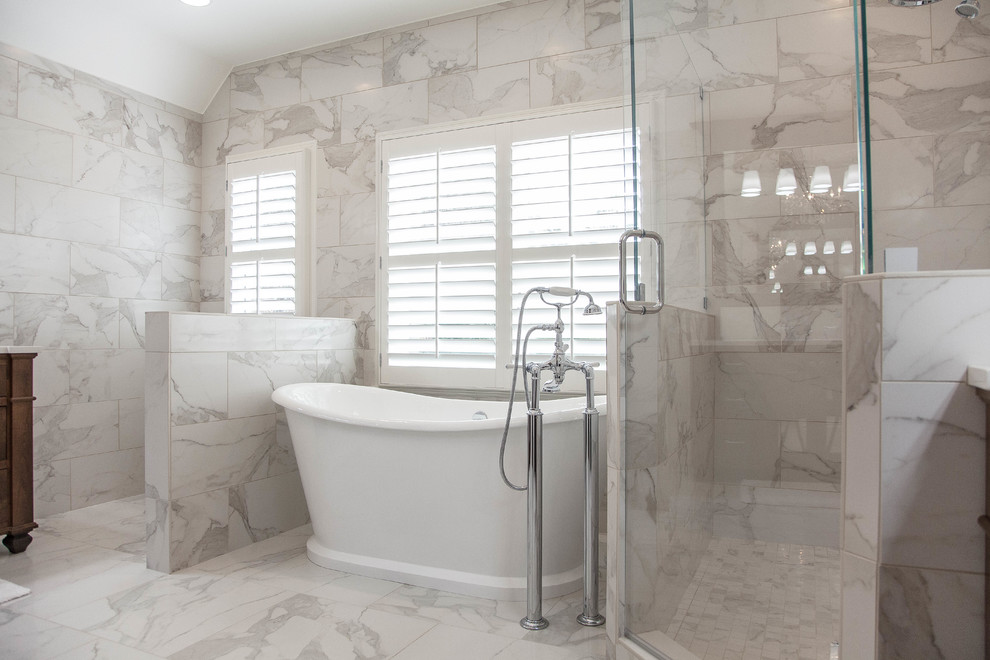 Inspiration for a large contemporary master white tile and porcelain tile porcelain tile and white floor bathroom remodel in Atlanta with furniture-like cabinets, dark wood cabinets, a two-piece toilet, gray walls, an undermount sink, quartz countertops and a hinged shower door