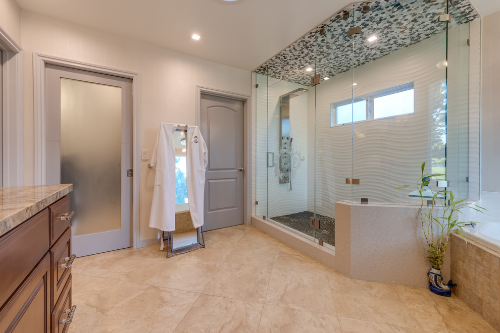 Example of a large beach style master multicolored tile and ceramic tile ceramic tile bathroom design in San Francisco with raised-panel cabinets, dark wood cabinets, a one-piece toilet, white walls, a drop-in sink and wood countertops