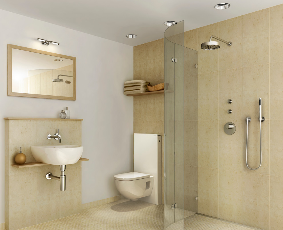 На фото: главная ванная комната среднего размера в современном стиле с подвесной раковиной, столешницей из дерева, душем без бортиков, инсталляцией, разноцветной плиткой, удлиненной плиткой и разноцветными стенами