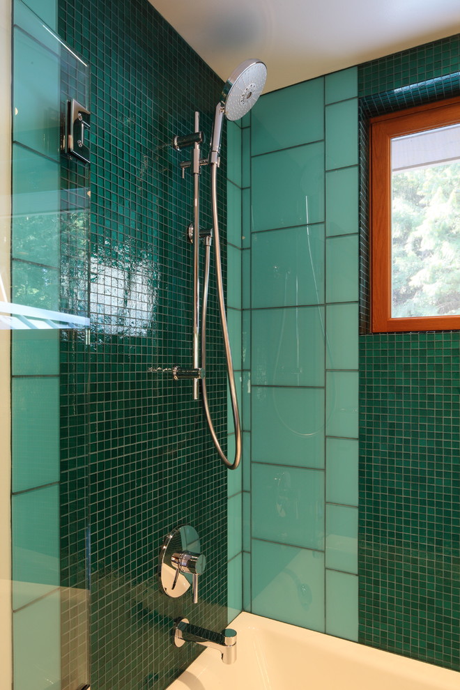 Example of a large trendy master green tile and glass tile marble floor tub/shower combo design in Portland with white walls
