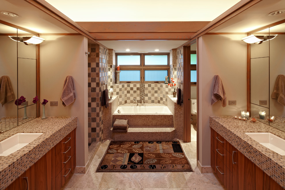 Contemporary bathroom in Miami with mosaic tiles.