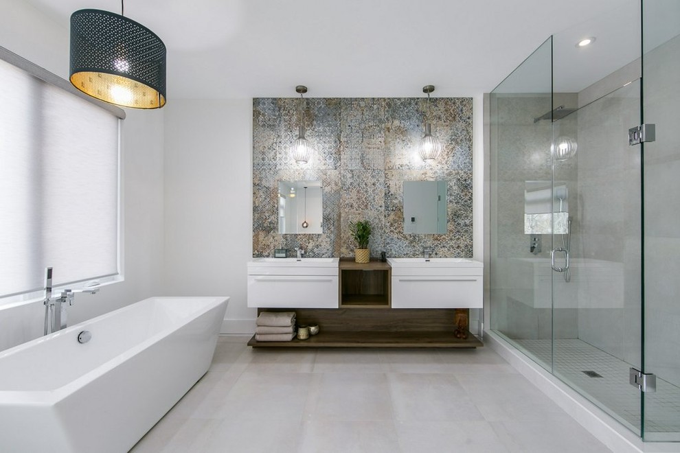 Bathroom - contemporary master multicolored tile beige floor bathroom idea in Toronto with flat-panel cabinets, white cabinets, white walls, a drop-in sink, wood countertops, a hinged shower door and brown countertops