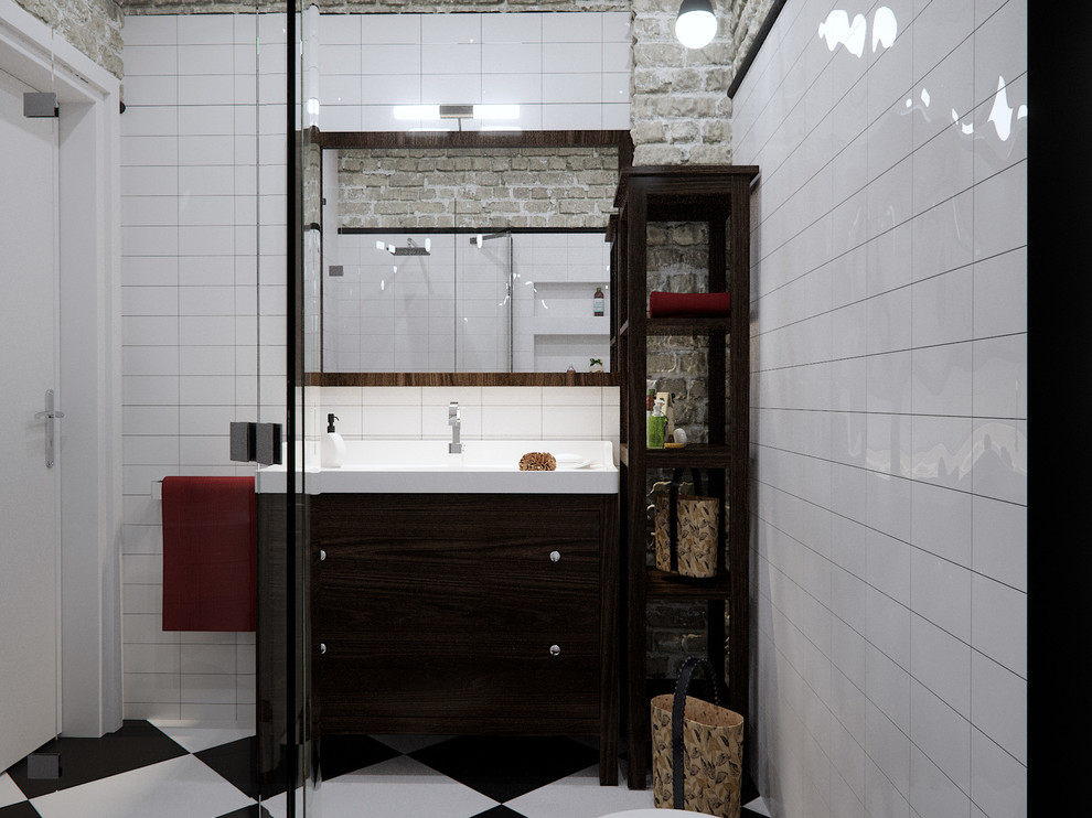 Exemple d'une petite salle de bain industrielle en bois foncé pour enfant avec un placard à porte affleurante, une douche d'angle, WC suspendus, un carrelage noir et blanc, des carreaux de céramique, un mur blanc, un sol en carrelage de céramique, un lavabo posé et un plan de toilette en surface solide.