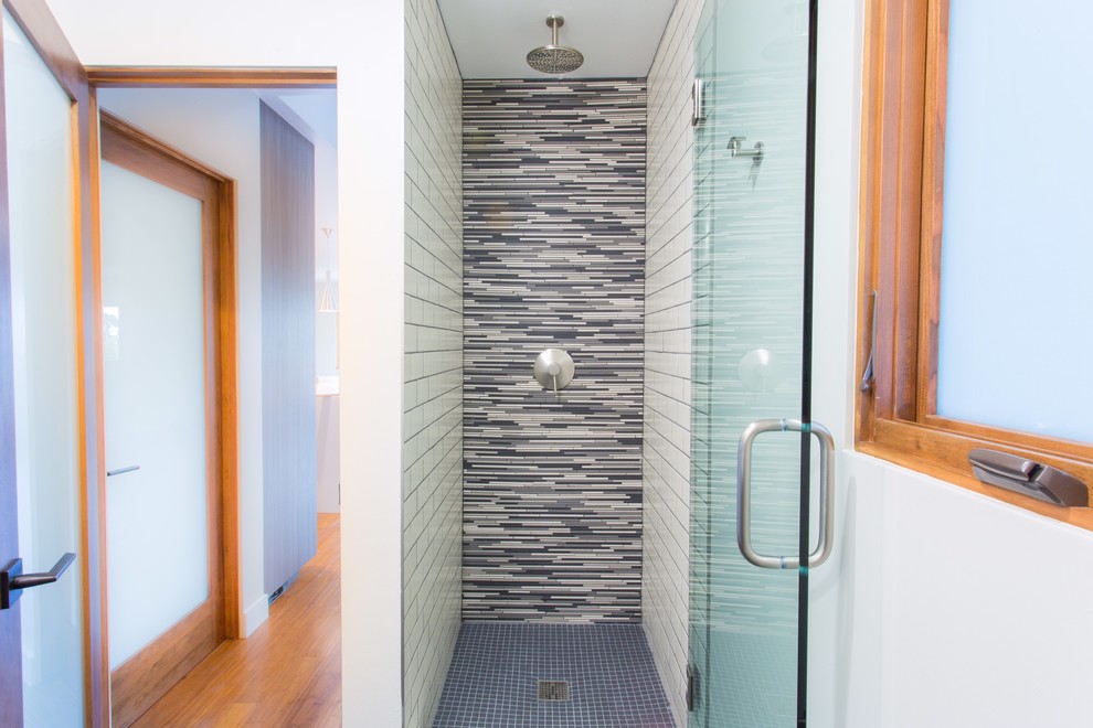 Photo of a medium sized contemporary shower room bathroom in Denver with an alcove shower, a one-piece toilet, metro tiles, white walls and medium hardwood flooring.