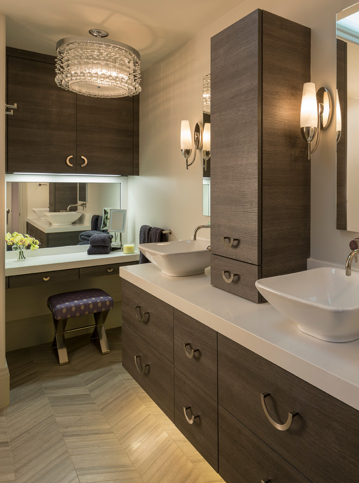 Bathroom - contemporary master bathroom idea in San Francisco with a vessel sink, flat-panel cabinets, dark wood cabinets and gray walls