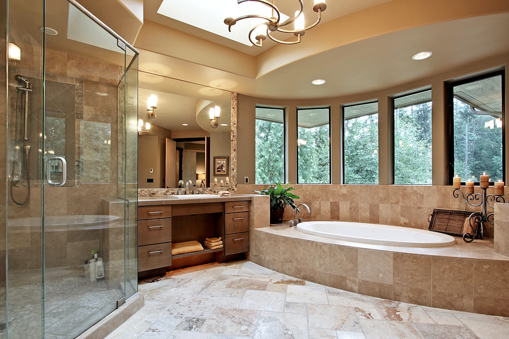 Стильный дизайн: главная ванная комната в стиле неоклассика (современная классика) с накладной раковиной, накладной ванной и угловым душем - последний тренд