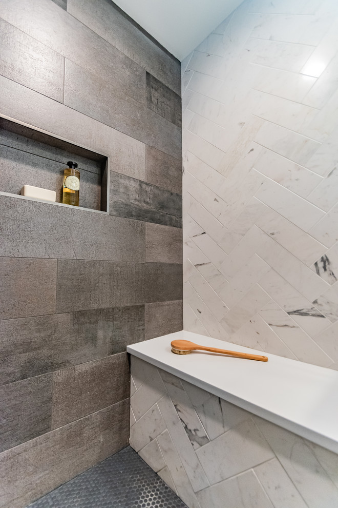 Inspiration for a mid-sized contemporary master white tile and porcelain tile porcelain tile and white floor alcove shower remodel in Philadelphia with gray cabinets, gray walls, an integrated sink and a hinged shower door