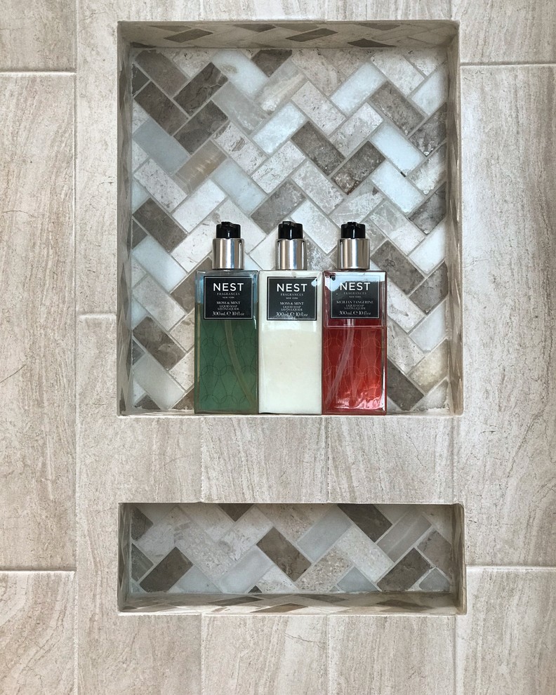 Inspiration for a small contemporary master beige tile and porcelain tile porcelain tile and beige floor corner shower remodel in DC Metro with furniture-like cabinets, dark wood cabinets, a wall-mount toilet, gray walls, an integrated sink, solid surface countertops and a hinged shower door