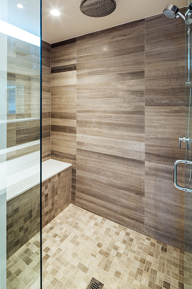 Doorless shower - large contemporary master gray tile and stone tile doorless shower idea in Toronto with an undermount sink, flat-panel cabinets, dark wood cabinets, quartz countertops and white walls