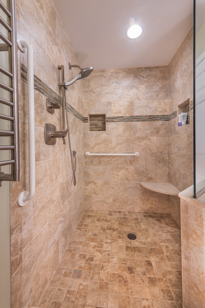 This is an example of a contemporary shower room bathroom in Other with recessed-panel cabinets, grey cabinets, an alcove shower, beige tiles, porcelain tiles, grey walls, a submerged sink, granite worktops, an open shower and black worktops.