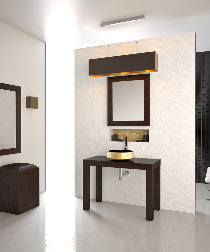 Example of a mid-sized minimalist master white tile and ceramic tile ceramic tile and gray floor bathroom design in Los Angeles with a vessel sink, open cabinets, black cabinets, a one-piece toilet, white walls, wood countertops and black countertops