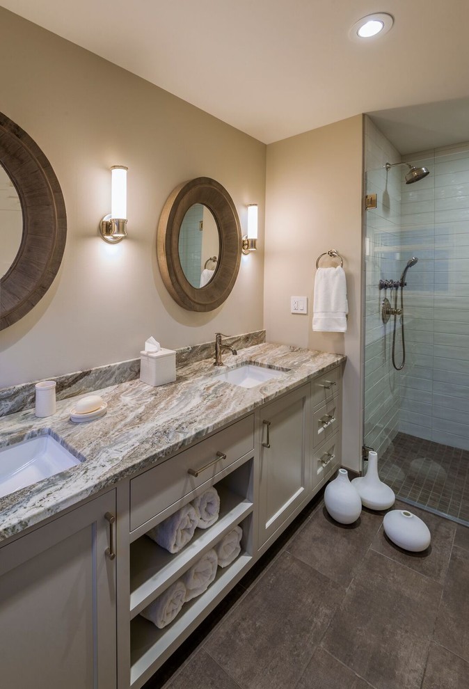 Photo of a medium sized rustic ensuite bathroom in Boston with beige walls, ceramic flooring, brown floors, recessed-panel cabinets, beige cabinets, an alcove shower, white tiles, ceramic tiles, a submerged sink, quartz worktops and a hinged door.