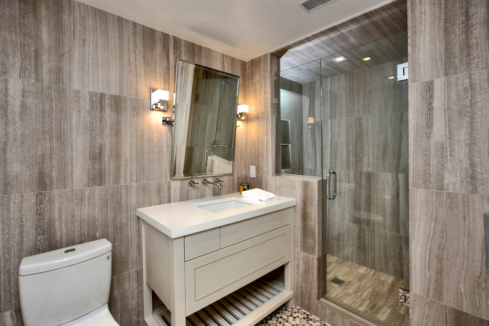 Alcove shower - small contemporary 3/4 brown tile and stone tile mosaic tile floor alcove shower idea in New York with beige cabinets, brown walls, an undermount sink, quartz countertops and shaker cabinets