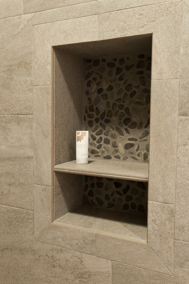 Example of a mid-sized trendy 3/4 gray tile and stone tile corner shower design in Orange County with an undermount sink, shaker cabinets, medium tone wood cabinets and quartz countertops
