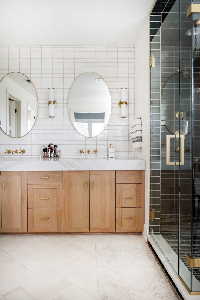 Inspiration for a large classic ensuite bathroom in Denver with light wood cabinets, a freestanding bath, a corner shower, green tiles, ceramic tiles, white walls, ceramic flooring, beige floors, a hinged door and white worktops.