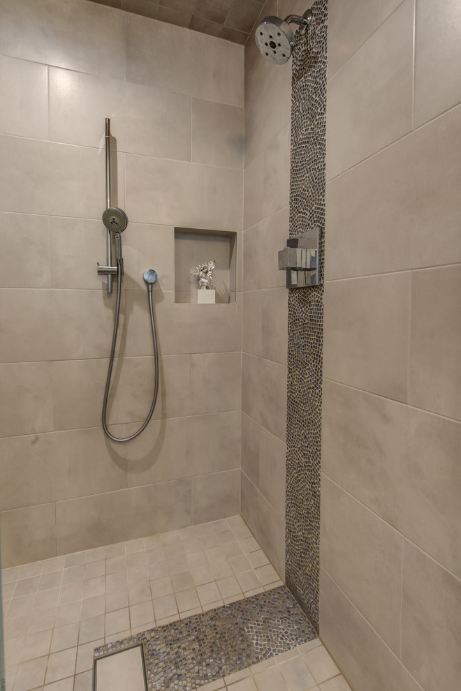 Example of a large trendy master porcelain tile porcelain tile bathroom design in San Francisco with an undermount sink, quartz countertops and a one-piece toilet