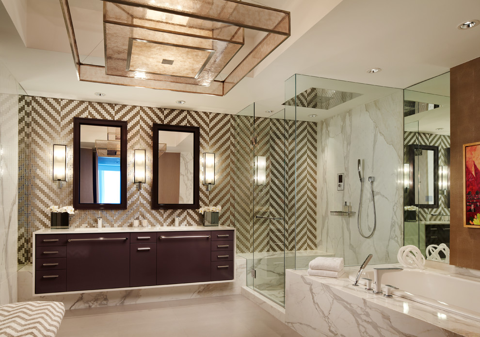 Ispirazione per una stanza da bagno contemporanea con ante lisce, vasca da incasso, doccia ad angolo e ante in legno bruno