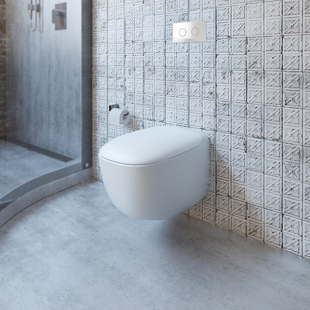 Пример оригинального дизайна: огромная главная ванная комната в стиле лофт с настольной раковиной, столешницей из дерева, отдельно стоящей ванной, открытым душем, инсталляцией и бетонным полом