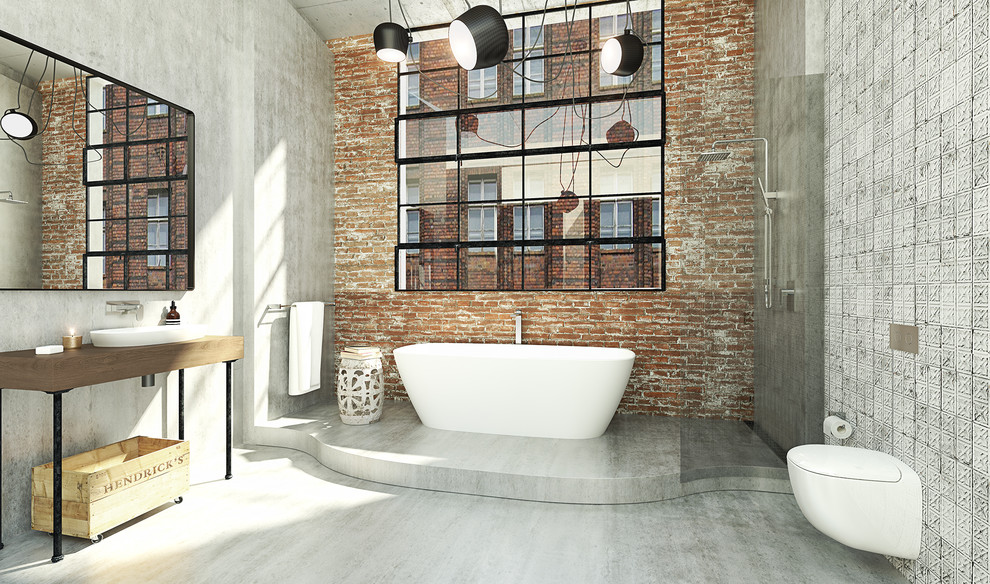 Идея дизайна: огромная главная ванная комната в стиле лофт с настольной раковиной, столешницей из дерева, отдельно стоящей ванной, открытым душем, инсталляцией и бетонным полом