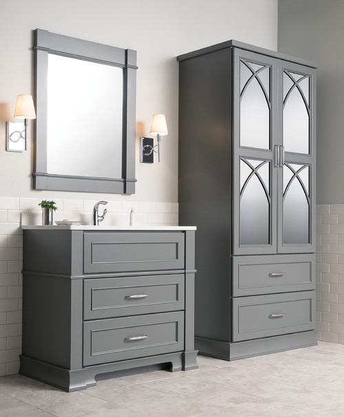 Small bathroom with floating cabinet creating open space.