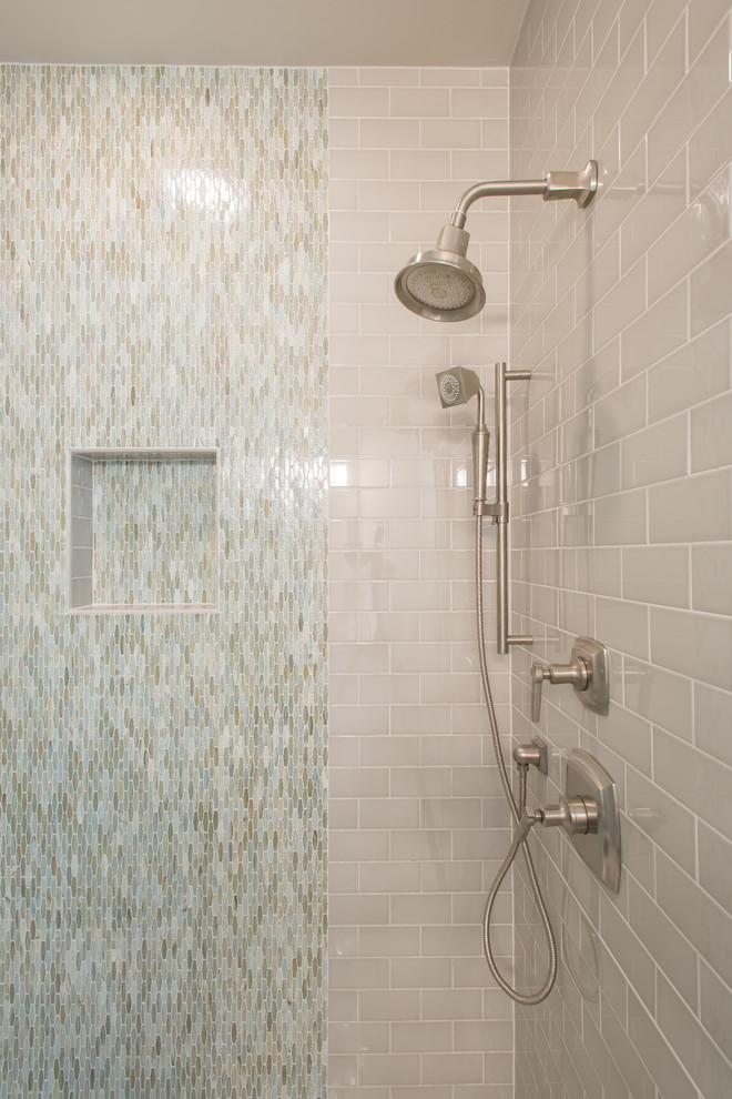 Example of a mid-sized transitional master gray tile and ceramic tile porcelain tile alcove shower design in Dallas with an undermount sink, shaker cabinets, white cabinets, granite countertops and gray walls